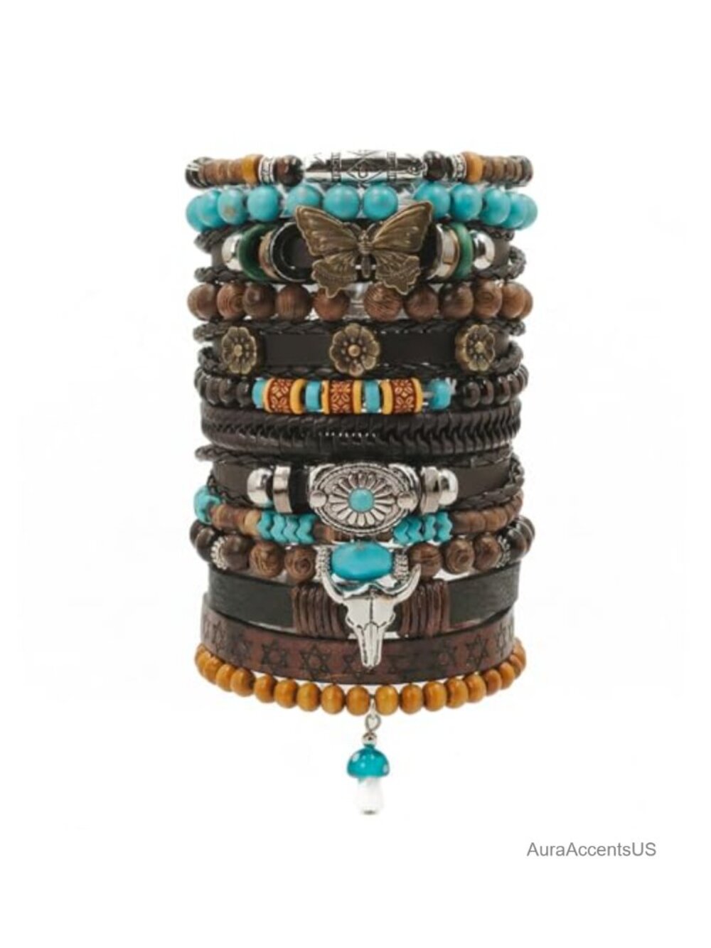 13PC Boho Wooden Bead & Faux Leather Bracelet Set Adjustable Unisex